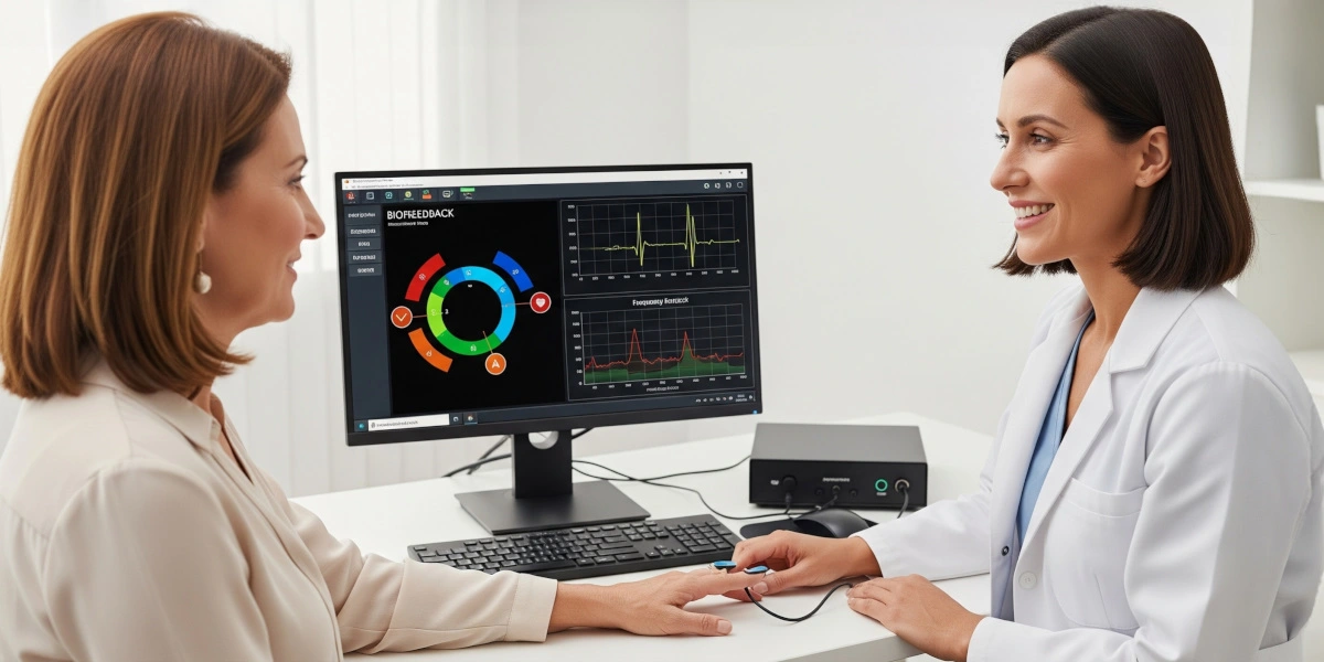 Doctor uses biofeedback for stress relief of professional woman